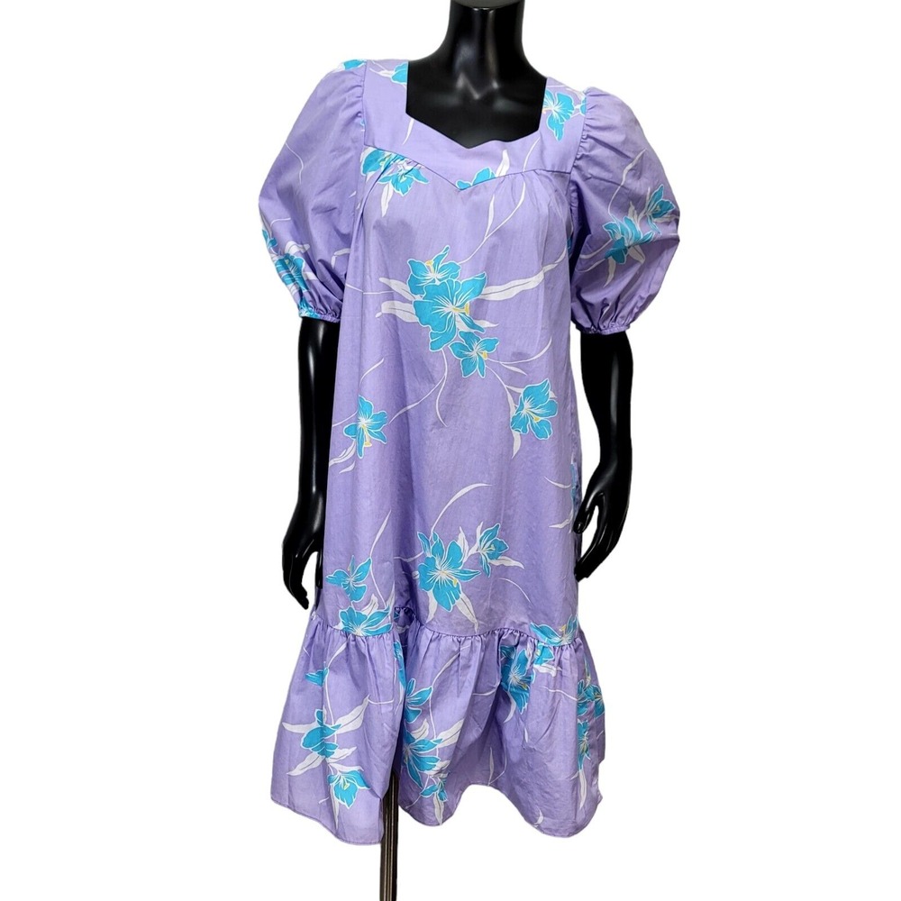 Vintage 80s Helena's S/M Lavender Tropical Hibiscus Floral Midi MuuMuu Dress